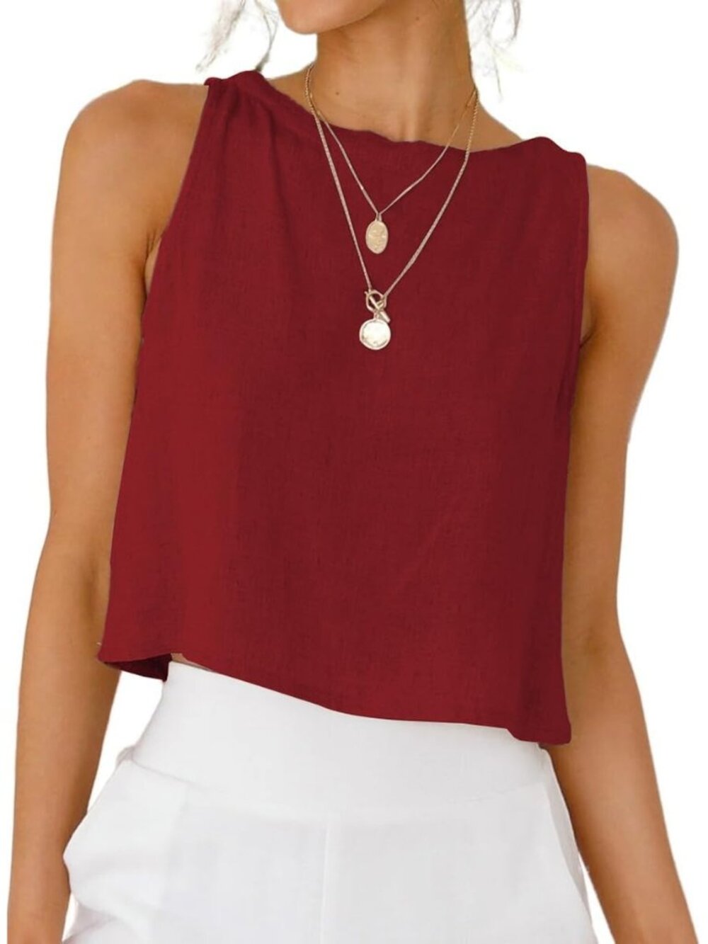 Women's Cherry Red Button Linen Summer Beach Sleeveless Imported Tank Top